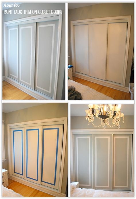 How To Paint Faux Trim On Your Sliding Closet Doors ... using painters tape & paint, she created a beautiful two tone look to her closet doors ............. #DIY #door #closet #trim #painterstape #paint #chalkpaint #decor #crafts Closet Trim, Closet Doors Diy, How To Update Sliding Closet Doors, Closet Doors Painted, Creating A Capsule Wardrobe, Painted Closet, Bedroom Closet Doors, Doors Diy, Closet Door Makeover