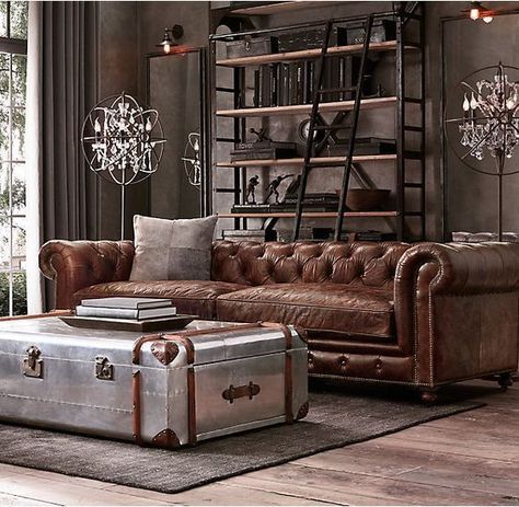 Steampunk leather sofa living room restoration hardware Rustic Industrial Living Room, Sofa Kulit, Industrial Living Room Design, Masculine Living Rooms, Industri Modern, Furnitur Ruang Keluarga, Leather Sofa Living Room, Vintage Industrial Decor, Industrial Livingroom