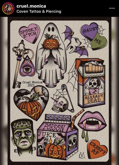 Traditional Tattoo Halloween, Halloween Tattoo Flash, Halloween Tattoos Sleeve, Illusion Tattoos, Optical Illusion Tattoos, Night Tattoo, Traditional Tattoo Flash Art, Pumpkin Tattoo, Autumn Tattoo