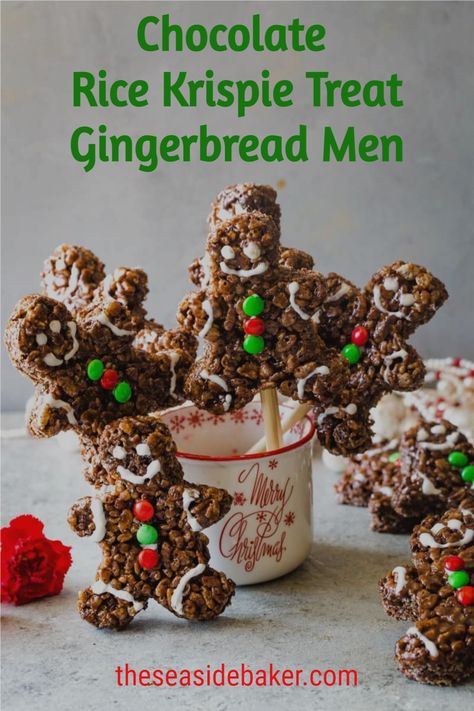 These Chocolate Rice Krispie Treat Gingerbread Men don’t just look amazing, but they taste incredible too. The whole family will love decorating (and devouring) them as this scrumptious yet simple recipe is suitable for all ages. #ricekrispietreat #gingerbreadmen #christmas Gingerbread Rice Crispy Treats, Gingerbread Snacks For Kids, Santa Desserts, Krispie Treats Christmas, Rice Krispie Treats Christmas, Christmas Rice, Bingo Christmas, Xmas Goodies, Chocolate Rice Krispies