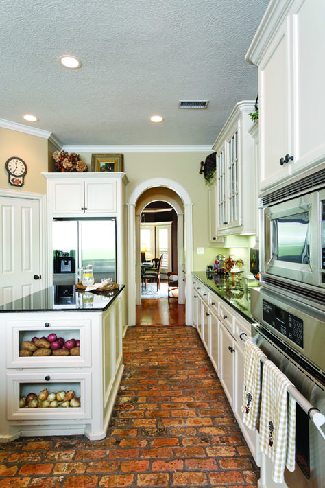 love the built in drawers with glass for potatoes/onions other things that can be tucked away but not in fridge. And that floor Kitchen With Brick, Brick Floor Kitchen, Brick Floor, Brick Flooring, White Cabinetry, Style At Home, White Cabinets, Beautiful Kitchens, Kitchen Flooring