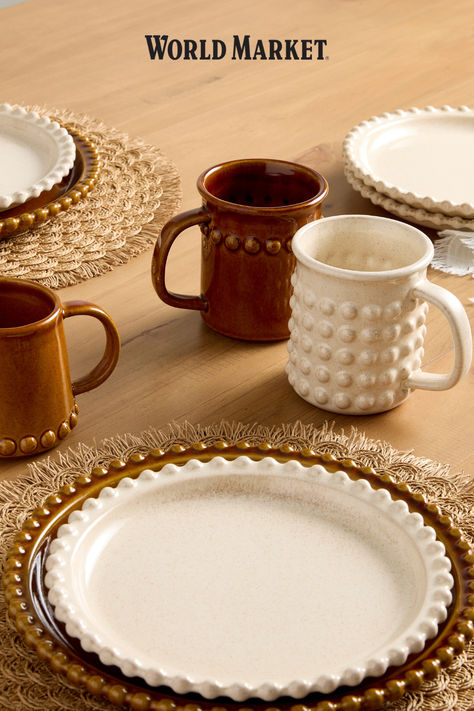 NEW DINNERWARE ARRIVALS FOR FALL! You are not going to want to miss these finds. Tap the link here to shop this look. Tablewear Ideas, Fall Dinnerware, Wine And Coffee Bar, Fall Tableware, Plank Tile Flooring, Thrift List, White Upper Cabinets, Thanksgiving Tablescapes, Beach Color