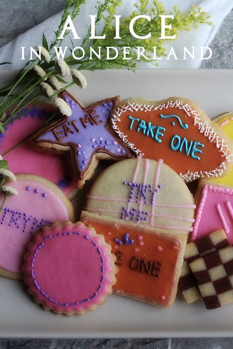 Walt Disney's Alice in Wonderland: "Eat Me" Cookies Recipe Eat Me Cookies, Feast Of Starlight, Alice In Wonderland Eat Me, Checkerboard Cookies, Christmas Wreath Cookies, Flood Icing, Vegetarian Cookies, Coloured Icing, Wreath Cookies