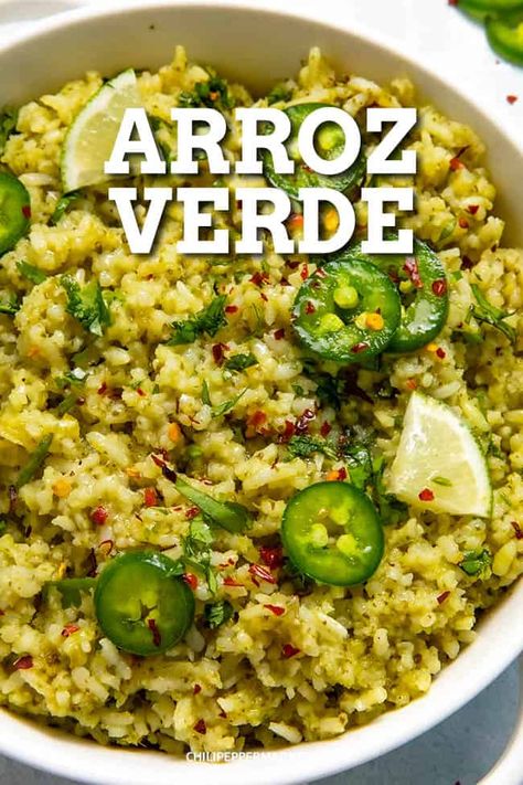 Vegetarian Chili Verde Recipe, Thanksgiving Rice Recipes, Green Rice Recipe, Chili Verde Recipe, Roasted Poblano Peppers, Roasted Poblano, Verde Recipe, Poblano Peppers, Green Rice