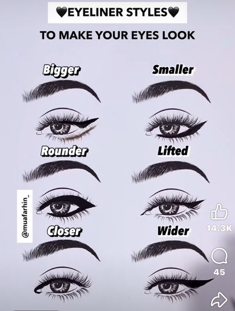 Best Eyeliner For Round Eyes, Downward Turned Eyes Makeup, Narrow Eyes Makeup, Eyeliner On Round Eyes, Eyeliner For Upturned Eyes, Eyeliner Placement, Makeup To Make Eyes Look Bigger, Upturned Eye Makeup, Winter Undertone