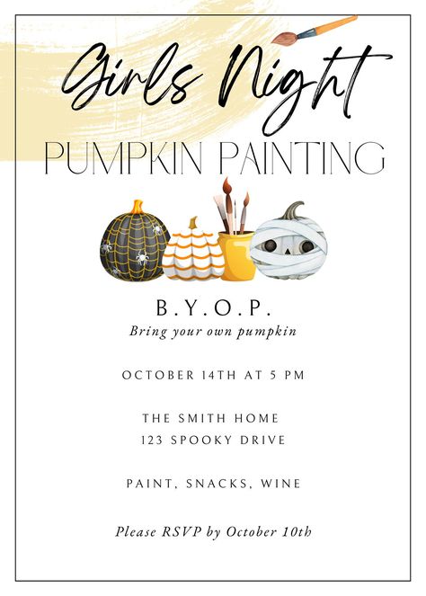 Girls Night Pumpkin Painting Invite Hosting A Pumpkin Painting Party, Pumpkin Painting Invitations, Adult Pumpkin Painting Party, Ladies Pumpkin Painting Party, Pumpkin Paint And Sip Party Ideas, Pumpkin Paint And Sip Party, Pumpkin Painting Party Invitations, Painting Pumpkins Party, Fall Ladies Night Ideas