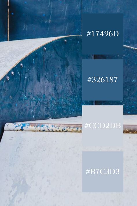 Urban Skate Aesthetic: This image of a worn skate ramp highlights a rustic blue grey color palette, with the cool, muted tones of the metal and concrete evoking an industrial, urban feel. Muted Blue Color Palette, Blue Grey Color Palette, Muted Blue Color, Color Scheme Generator, Metal And Concrete, Skate Ramp, Color Generator, Skate Aesthetic, Blue Grey Color