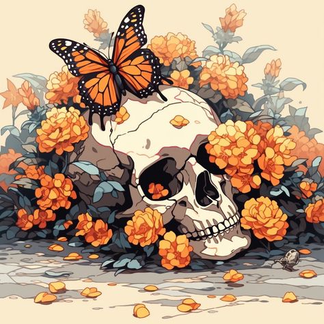 Butterfly Fantasy Art, Butterfly And Skull, Skull With Butterflies, Mexican Art Tattoos, Digital Rendering, Computer Background, Butterfly Png, Art Mignon, Sugar Skull Art