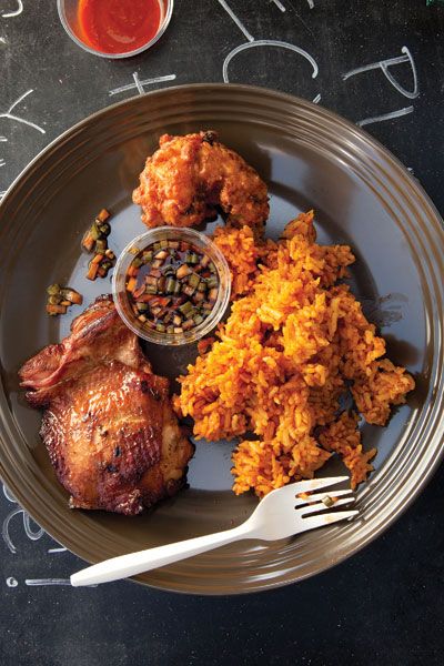 Marinated with the traditional Guam-style sauce finadene, a blend of cane vinegar, soy sauce, and aromatics, this succulent grilled chicken is served with annatto-tinged red rice at the food cart PDX 671 in Portland, Oregon. Portland Food Trucks, Red Rice Recipe, Red Rice, Island Food, Grilled Chicken Recipes, International Recipes, Rice Recipes, Om Nom, Grilled Chicken