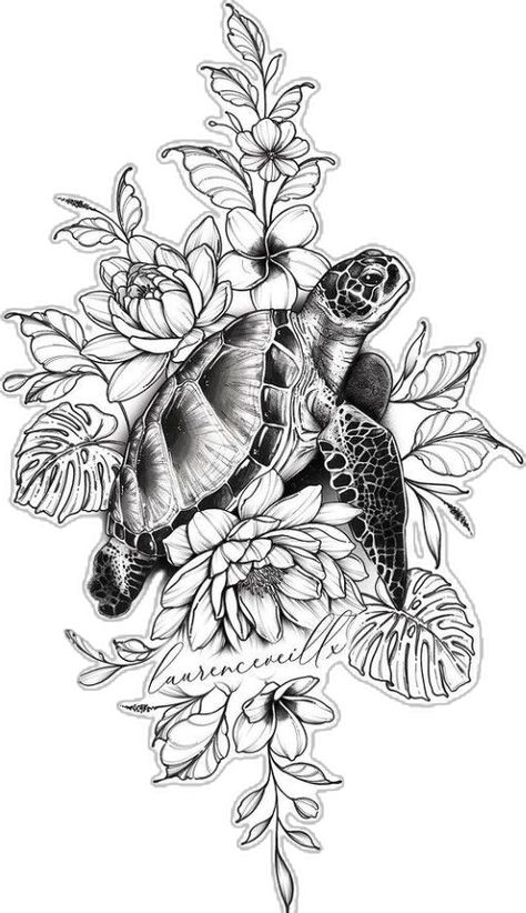 Large Sea Turtle Tattoo, Large Turtle Tattoo, Ocean Turtle Tattoo, Floral Sea Turtle Tattoo, Turtle Sleeve Tattoo, Sea Turtle Tattoo Design, Turtles Tattoo, Tattoo Turtle, Animal Tattoos For Women