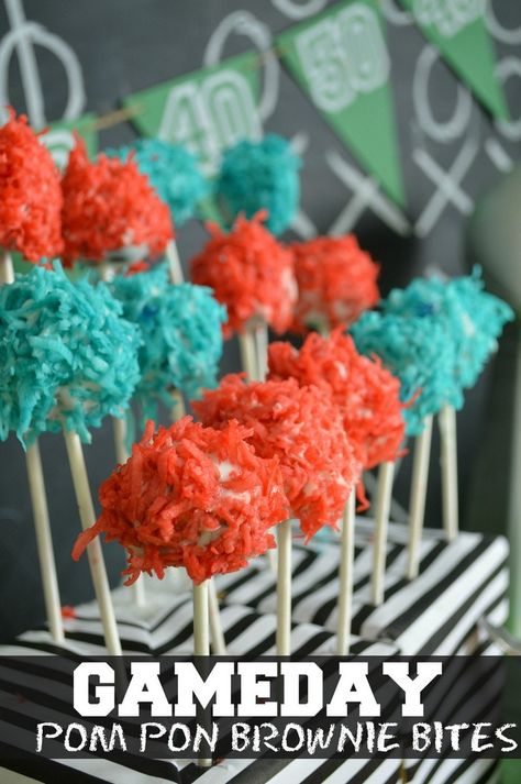 GAMEDAY POM PON BROWNIE BITES Football Themed Desserts, Pom Pom Cake, Football Tailgate Food, Brownie Bites Recipe, Cheerleading Party, How To Make Brownies, Start Business, Pom Pon, Holiday Dinner Party