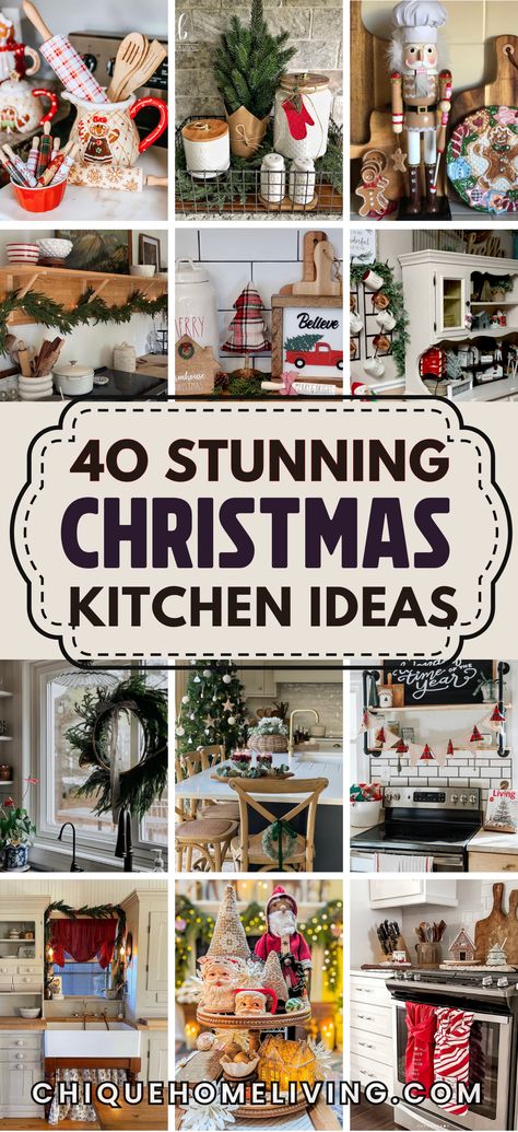 Bring the holiday cheer to the heart of your home with these Christmas Kitchen Decor Ideas! From festive wreaths on cabinets to miniature Christmas trees on countertops, and holiday-themed dish towels and mugs, these ideas will instantly warm up your kitchen for the season. Consider adding garlands and fairy lights along shelves or creating a cozy hot cocoa station for a charming holiday touch. Wreaths On Cabinets, Decorating On Top Of Cabinets, Christmas Kitchen Decorations, Hot Cocoa Station, Christmas Kitchen Decor Ideas, Cocoa Station, Over Kitchen Sink, Top Of Kitchen Cabinets, Top Of Cabinets