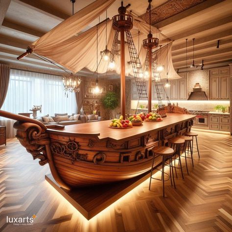 Pirate Ship Kitchen Islands 🏴‍☠️🍽️🚢 #PirateGalley #NauticalCuisine #SwashbucklingFeasts Set sail for culinary adventures with Pirate Ship Kitchen Islands. These unique kitchen fixtures bring nautical charm to your home, transforming meal preparation into a swashbuckling experience. Elevate your kitchen with Pirate Ship Kitchen Islands, where every meal becomes a voyage through the high seas of flavor. 🌊⚔️✨ Traditional Kitchen Island, Concept Furniture, Nautical Kitchen, Kids Bedroom Storage, Small Modern House Plans, Mosque Art, Luxury House Interior Design, Creative Concept, Rustic Kitchen Design