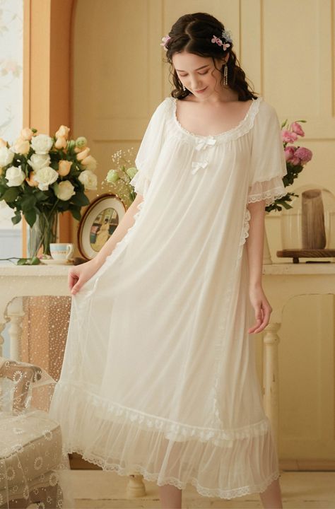 Romantic Long Night Dress Women Fairy Mesh Modal Sleepwear Princess Lace Peignoir Victorian Vintage Nightgowns Kawaii Nightwear|Nightgowns & Sleepshirts| - AliExpress Night Dress Plus Size, White Night Dress, Long Night Dress, Victorian Nightgown, White Nightgown, Bridal Nightgown, Sleeping Dress, Summer Sleepwear, Robes Vintage