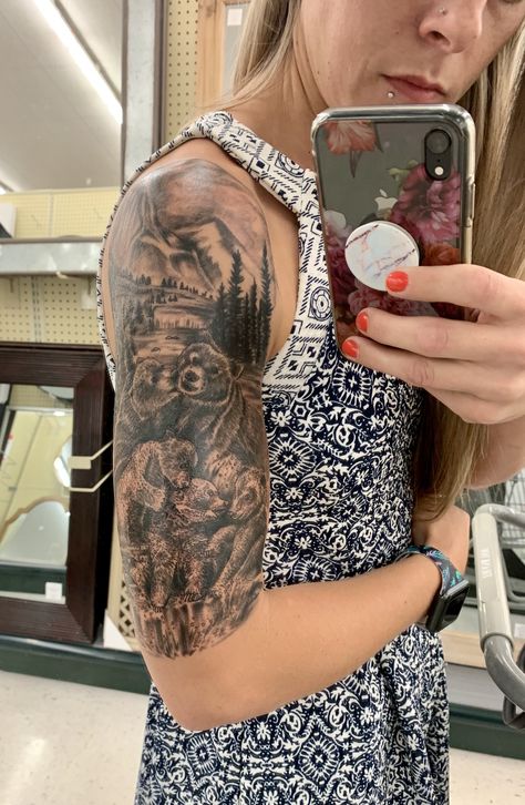 #half sleeve #naturetattoo #bear tattoo #girlswithtattoos #armtattoo Tattoo artist- Mike Vanderhoof Bear Half Sleeve Tattoo, Kid Tattoos For Moms, Half Sleeve Women, Tattoos Inspiration, Tattoos For Women Half Sleeve, Forest Tattoos, Floral Tattoo Sleeve, Bear Tattoo, Bear Family