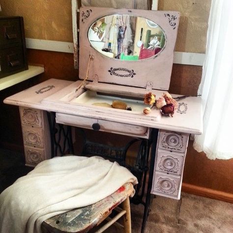 Sewing Machine Vanity http://www.hometalk.com/6430989/repurposed-sewing-machine-table-to-vanity Sewing Machine Vanity Makeup, Sewing Machine Ideas, Sewing Table Repurpose, Sewing Cabinets, Sewing Tables, Muebles Shabby Chic, Sewing Machine Tables, Sewing Machine Cabinet, Sewing Machine Table