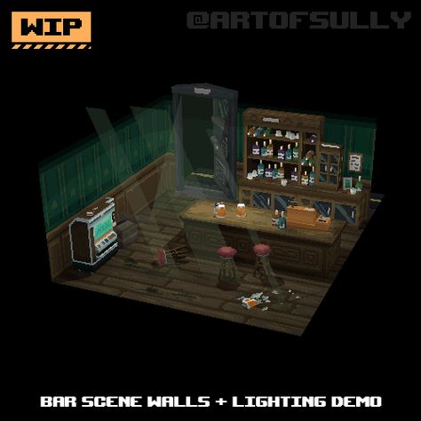 ArtStation - 3D Pixel-Art Bar Scene Walls + Lighting Demo (WIP) (Commission), Brendan Sullivan Lowpoly Pixelart, 3d Pixel Art, Voxel Games, Low Poly Character, 3d Pixel, Low Poly Games, Retro Gaming Art, Bar Scene, Props Art