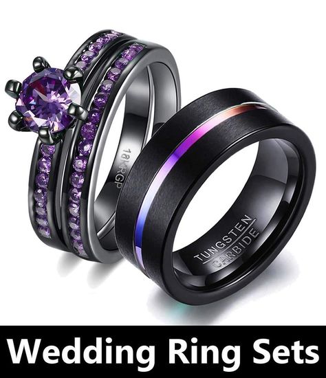 His Hers Couples Matching Rings Women's 18k Black Gold Filled Violet CZ Wedding Engagement Ring Bridal Sets & Men's Tungsten Carbide Wedding Band Dream Wedding Ring Set, Beautiful Wedding Ring Sets, Dream Wedding Ring, Tungsten Carbide Wedding Bands, Tungsten Wedding Rings, Beautiful Wedding Rings, Engagement Rings Bridal Sets, Wedding Engagement Ring, Wedding Ring Set