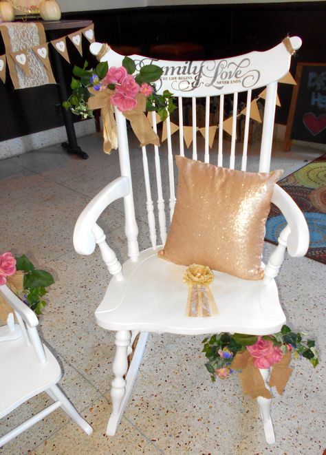 Baby shower: I refurbished and painted this chair, then added the "Family: Where Life Begins and Love Never Ends" as a featured decoration, and place for mommy-to-be to sit as she opened her gifts. To her surprise, it was also a gift for her to take home for the nursery! Chair For Mom To Be, Baby Shower Chair Ideas, Baby Shower Chair For Mom, Shower Chairs, Baby Shower Chair, Party Chair, Baby Shower Invites Neutral, Baby Shower Favors Diy, Baby Shower Cupcake Toppers