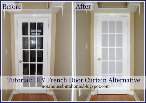 I think I could do something like this to cover the glass doors on my TV console to hide everything inside. Diy French Doors, French Door Coverings, Door Curtains Diy, French Door Curtain, Single French Door, Door Alternatives, French Door Windows, Curtain Alternatives, Door Window Treatments