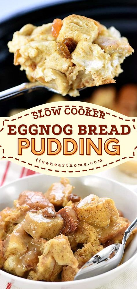 Slow Cooker Eggnog Bread Pudding, christmas brunch, sweet breakfast ideas Christmas Bread Pudding, Super Easy Slow Cooker Recipes, Eggnog Bread Pudding, Brunch Christmas, Eggnog Bread, Slow Cooker Christmas, Recipe For A Crowd, Brunch Desserts, Berry Cobbler