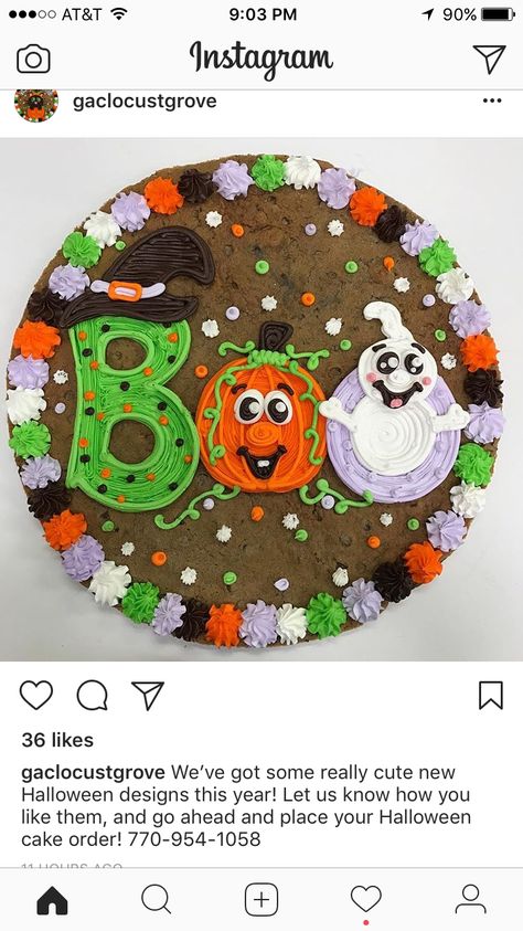 Brenda's cookie cake ideas Decorated Cookie Cake, Cookie Cake Ideas, Giant Cookie Cake, Pasteles Halloween, Cookie Cake Decorations, Cookie Cake Designs, Postres Halloween, Halloween Cake Decorating, Halloween Sugar Cookies