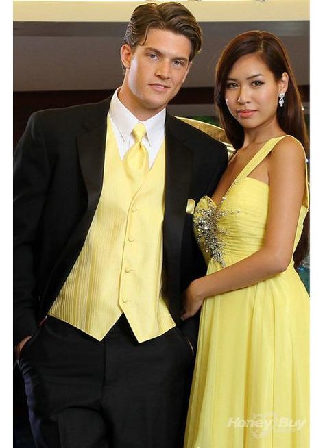 Yellow is a winner for spring! Yellow Tuxedo, Black Tuxedo, Tuxedos, Black And Yellow, Formal Wear, Prom, Yellow, Black