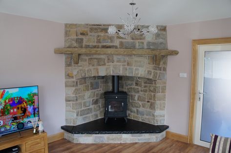 Corner Hearth Ideas For Wood Stove, Corner Log Burner, Free Standing Fireplace, Free Standing Wood Stove, Raised Hearth, Beautiful Dining Room Decor, Woodburning Stove Fireplace, Corner Stove, Log Burner Living Room