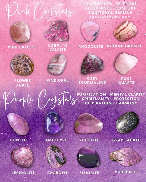 Rocks with Sass: Crystal Shop on Instagram: “PINK💗 or PURPLE💜 Which color is calling to you today? A couple reminders: We will be open this Saturday from 11-4pm! Swing by and check out…” Different Types Of Crystals, Crystal Identification, Gemstones Chart, Crystal Healing Chart, Crystals Healing Properties, Spiritual Crystals, Types Of Crystals, Asap Rocky, Crystal Healing Stones