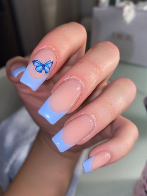 French Nails With Blue, Butterfly Blue Nails, Blue Nails With Butterflies, Blue Butterfly Nails, Nail Inspo Blue, Blue French Nails, Nail 2023, Baby Blue Nails, Art Designs Ideas