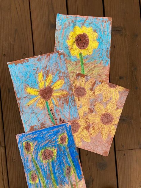 Sunflower Batik Art Project for Kids - I Can Teach My Child! Sept Art Projects For Kids, Sunflower Process Art Preschool, Sunflower Art Activity, Mommy And Me Art Class Ideas, Preschool Sunflower Art, Sunflower Art Ideas, Kindergarten Art Projects Summer, Art Fair Projects, Farm Art Projects