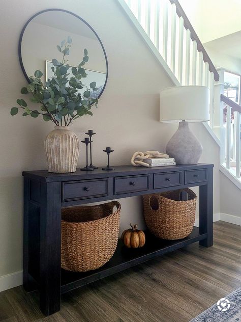 Entryway inspo with a touch of fall. 🎃 http://liketk.it/3n6oE @liketoknow.it #liketkit #LTKhome #LTKstyletip #LTKSeasonal #entryway Staircase Table Decor Entryway, Front Door Dresser Entryway, Entryway Table Decor Transitional, Foyer Remodel Entryway, Entryway Table By Stairs, Entryway Home Decor, Entryway Credenza Decor, Console Table Wall Design, Entrance Area Design Entryway