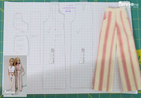 Pants pattern for Barbie by nynnie me  Watch video how to make on YouTube/nynnie me Barbie Pants, Marlene Hose, Sewing Barbie Clothes, Barbie Sewing Patterns, Barbie Wardrobe, Diy Barbie Clothes, Barbie Doll Clothing Patterns, Dolls Clothes Diy, Curvy Barbie