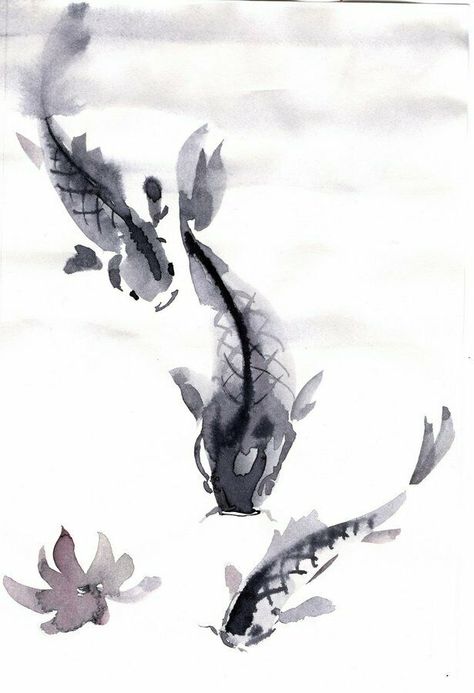 Koi Fish Ink Drawing, Chinese Fish Art, Sumi Painting, Chinese Ink Art, Sumi Art, Chinese Watercolor Painting, Fish Illustrations, Watercolor Koi Fish, Chinese Ink Painting