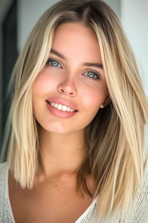 Blunt Lob Straight Hairstyle. Bronde Lob Straight, Natural Blonde Hair Medium Length, Straight Hair Collar Bone Length, Shorter Haircuts For Women Thick Hair, Blonde Collar Bone Length Hair Straight, Women’s Hair Cuts Medium Straight, Long Bob Hairstyles 2024, Blond Lob Haircut, Blonde Lob Straight