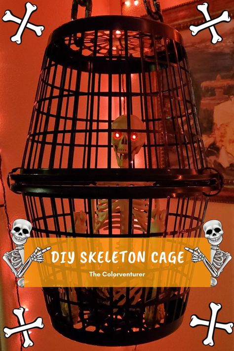 There's no bones about it—this skele-fun Skeleton Cage is a must for your Halloween decor! With some plastic laundry baskets, spray paint, and a Halloween skeleton, you can create a spooktacular Skeleton Cage to display for Halloween!  DIY Skeleton Cage / Halloween Decor Ideas / Halloween Decor Hack / Dollar Tree Decor Hack /Halloween Skeleton Decor / DIY Halloween Decor / Halloween Decorations / Halloween Decoration Ideas / Halloween Yard Decorations / Halloween DIY Halloween Laundry Basket Cage, Caged Skeleton Diy, Skeleton In Basket, Skeleton In Cage Diy, Skeleton Cage Laundry Basket, Caged Skeleton, Halloween Diy Skeleton, Skeleton In Cage, Diy Halloween Skeleton