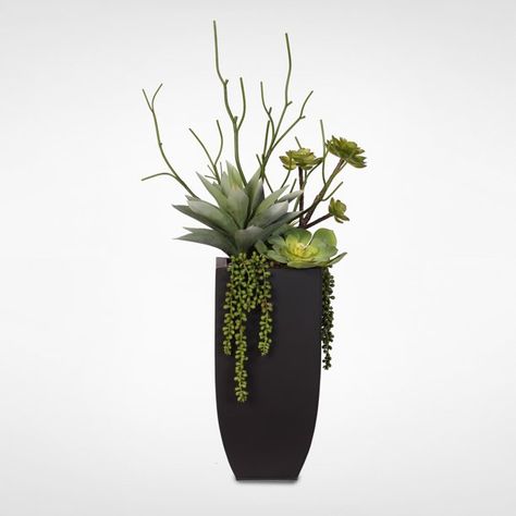 Botanical Succulent Variety in a Tall Black Modern Metal Planter Silk Orchids Arrangements, Planter Plants, Fake Plants Decor Bedroom, Decorating With Plants, Large Flower Arrangements, Fake Plants Decor, Artificial Plants And Trees, Faux Floral Arrangement, Silk Plants