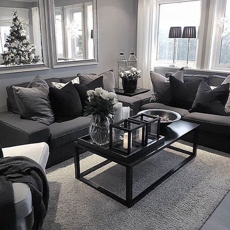 House inspiration 😍 #home #decor #homedecor #houseideas #roomideas Cozy Grey Living Room, Black Living Room Decor, Grey Living Room, Black And White Living Room, First Apartment Decorating, Black Living Room, White Living, Living Room Decor Cozy, घर की सजावट