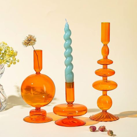 Wavy Candles, Colorful Candle Stick Holders, Funky Candle Sticks, Squiggle Candle, Banana Peal Candle Holder Pink Swirly Candle, Glass Taper Candle Holders, Funky Candles, Orange Centerpieces, Vintage Glass Candle Holders