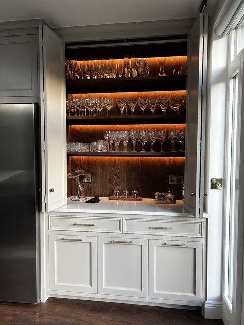 Bar Cupboard Ideas, Liquor Display Ideas, Indoor Plant Aesthetic, Family Room Bar Ideas, Glasses Cabinet, Home Plants Indoor, Kitchen Beverage Center, Built In Bar Cabinet, Bar Cupboard