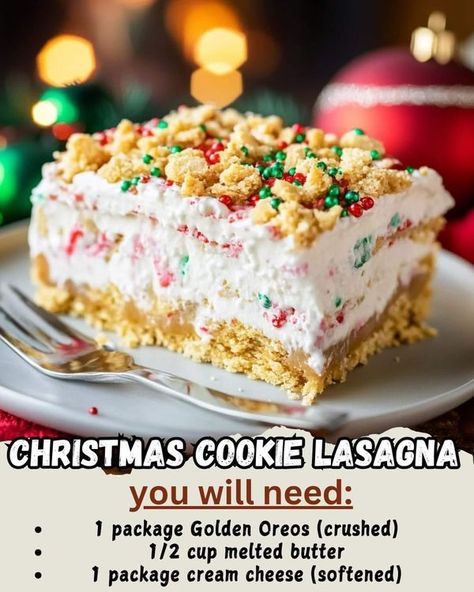 Christmas All Year Around❄️ ☃️ | Christmas Cookie Lasagna 🎄🍪 | Facebook No Bake Christmas Lasagna, Christmas Cookie Lasagna Dessert, Christmas Cookie Pizza, Christmas Cookie Lasagna, Christmas Sugar Cookie Cheesecake, Christmas Lasagna Dessert, Lasagna Desserts, Dessert Lasagnas, Twinkie Desserts