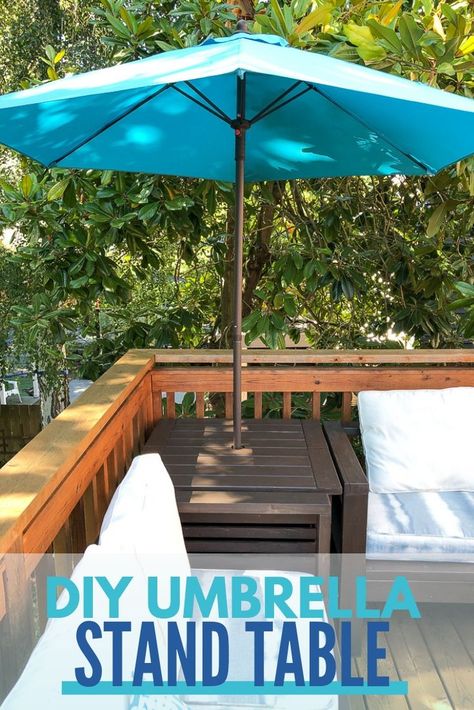 Get storage AND shade with this DIY umbrella stand table! The hinged top gives you access to the storage hidden inside the base! Perfect for outdoor toys or extra pillows! Get the free woodworking plans to make your own umbrella stand side table at The Handyman's Daughter! #umbrella #outdoorfurniture #diyproject Umbrella Stand Side Table, Ikea Molger, Diy Umbrella, Outdoor End Table, Outdoor Umbrella Stand, Patio Umbrella Stand, Outdoor End Tables, Outdoor Side Table, Free Woodworking Plans