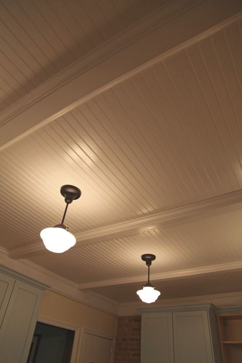 Paneled Ceiling, Beadboard Ceiling, Basement Ceiling, Ceiling Treatments, Home Owner, Bedroom Remodel, Kitchen Ceiling, Pendant Fixture, School House