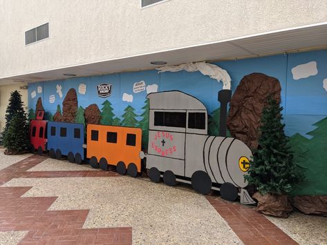 Train Station Decoration, Train Station Stage Design, Train Classroom Decorations, Train Classroom Theme, Train Vbs, Vbs Train Theme, Train Theme Classroom, Train Depot Decor, Train Sunday School Decor