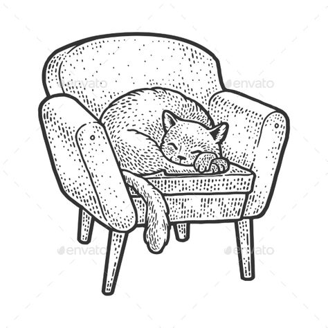 Cat On Chair Illustration, Armchair Drawing Sketch, Cat On Couch Drawing, Armchair Tattoo, Cat Sleeping On Back, Armchair Sketch, Armchair Drawing, Cat In Chair, Bujo Mai