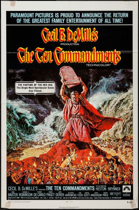 The Ten Commandments (Paramount, R-1972). One Sheet (27" X 41"). Drama. Starring Charlton Heston, Yul Brynner, Anne Baxter, Edward G. Robinson, Yvonne De Carlo, Debra Paget, John Derek, and Vincent Price. Directed by Cecil B. DeMille. The 10 Commandments Movie, Anne Baxter, John Carradine, The 10 Commandments, Yul Brynner, Epic Film, Charlton Heston, Prince Of Egypt, Egyptian Kings