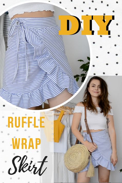 Make your own ruffled wrap skirt with this easy DIY tutorial. It's easy, fast, super cute and perfect for summer. It's ideal for beginners because you don't need patters, you only need to cut out 5 rectangles. I'll even give you the measurements for different sizes. Hope you enjoy! Diy Wrap Skirt, Wrap Skirt Diy, How To Make Ruffles, Cheddar Muffins, Rebecca Lynn, Wrap Skirt Pattern, Diy Ruffle, Ruffle Wrap Skirt, Skirt Diy