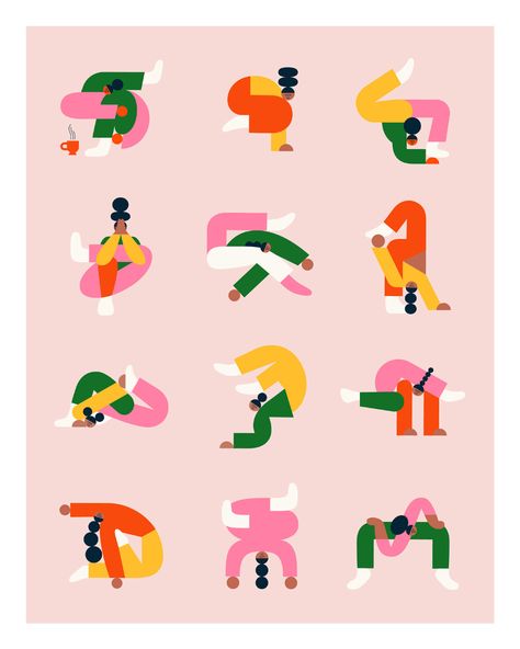 Yoga illustrations on Behance Yoga Cute Illustration, Yoga Graphics Illustrations, Wellness Illustration Graphic Design, Yoga Character Design, Flexible Illustration, Flexibility Illustration, Yoga Design Graphic, Flat Illustration Characters, Stretch Illustration