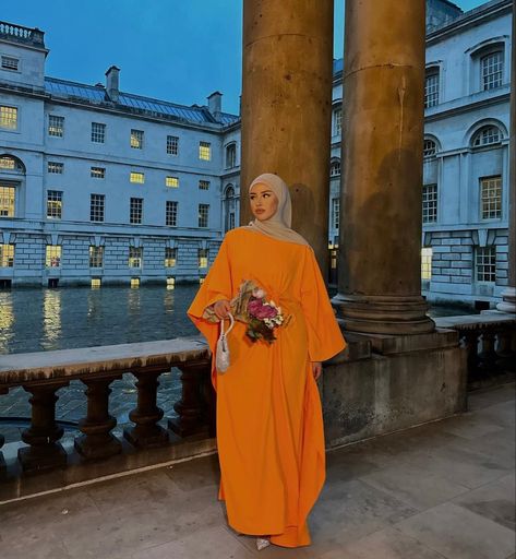 Orange Abaya Outfit, Headscarf Ideas, Classy Hijab, Hijabi Gowns, Modesty Dress, Abaya Outfit, Mode Turban, African Inspired Clothing, Muslim Fashion Hijab Outfits