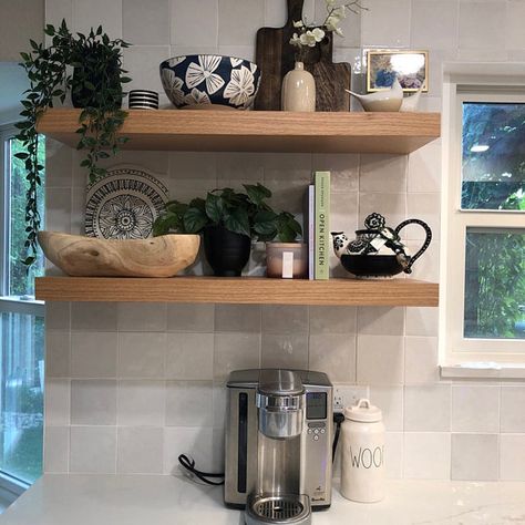 Open Shelving In The Kitchen Decor, Open Kitchen Shelving Ideas, Kitchen Floating Shelves Decor, Floating Shelf Hardware, Floating Kitchen Shelves, Floating Kitchen, Kitchen Floating Shelves, Custom Floating Shelves, Oak Floating Shelves